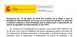 Subvenciones para la elaboración e implantación de planes de igualdad 2019